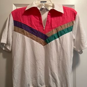 Vintage White Collared Blouse w/ Purple, Pink and Green Accents